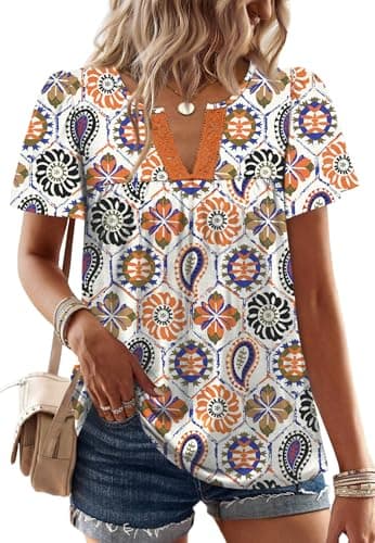 Womens Plus Size Tops Spring Outfits Summer Boho Tops Short Sleeve Blouses Dressy Casual V Neck T Shirts Western Shirts Vacation Outfits Loose Babydoll Tops Resort Wear Floral White XXL