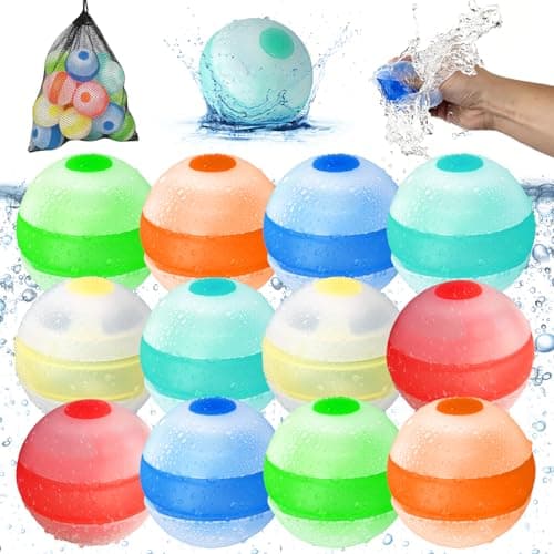 Reusable Water Balloons,Refillable Water Balloons Quick Fill,Soft Silicone Water Splash Balls for Toddler Age 4-12,Self Sealing Water Toys for Kids Summer Games,Outdoor Beach/Pool Party(12pack)