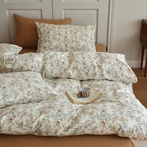 EAVD Vintage Botanical Floral Duvet Cover King Soft Cotton Chic Shabby Garden Floral Bedding Set with 2 Pillowcases Fresh Reversible Botanical Comforter Cover with Zipper Closure
