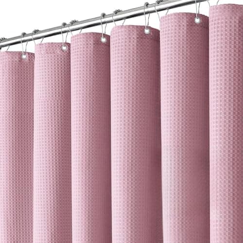 Inhousolu Fabric Shower Curtain, Waffle Weave 230 GSM Polyester, Weighted Hem, Metal Hooks Included, Water Repellent Washable, 72 x 72 Inch, Pink