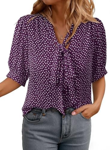 Dokotoo Business Casual Tops for Women Short Sleeve Tops for Women Bow Tie Neck Polka Dot Shirts Fashion Clothing Purple Medium