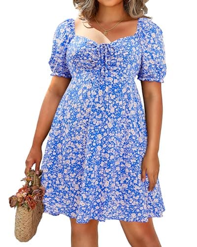 Pinup Fashion Plus Size Sundress Blue Floral Summer Casual Easter Short Puff Sleeve Smocked Babydoll Boho Cute Mini Dresses 2024