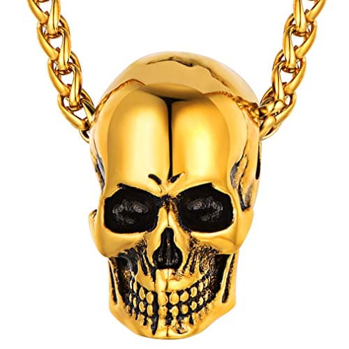 FaithHeart Skull Head Necklace, Hip Hop Mens Punk Pendant Neck Chains, Women's Golden Gothic Jewelry Charms, Graduation Gifts
