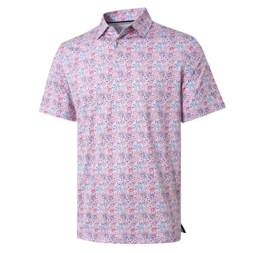 Men's Golf Shirts Dry Fit Short Sleeve Print Performance Moisture Wicking Patterned Polo Shirt for Men White Patriotic Firework