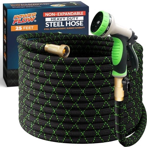 Non-Expandable Garden Hose 25 Ft, Stainless Steel Metal, Kink-Free Black