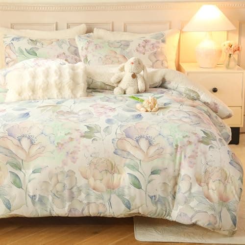 Cyusri Floral Print Sherpa Comforter Set 3Pcs Warm Fluffy Queen Size Bedding Set with 2 Pillowcases Garden Grey Flowers Pattern Down Alternative, 90"x90"