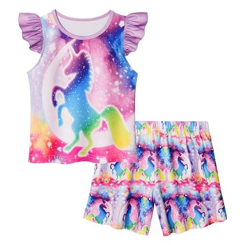 LQSZ Girls Pajamas Unicorn Girl Summer Girls Cute Ruffle Short Sleeves Set Pajamas for Girl 3 4T