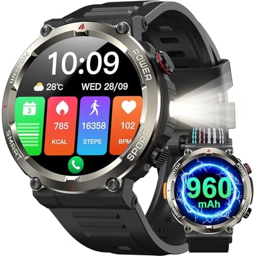Military Tactical Smart Watches for Men, 1.45" Smart Watch for Android and iPhone, Fitness Tracker Watch with Compass & Flashlight/30-Day Battery/IP68 Waterproof/Heart Rate/120+ Sport Modes(2 Straps)