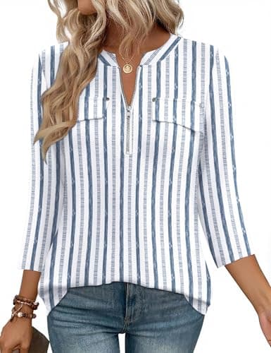 LOMON Business Casual Tops For Women 3/4 Length Sleeve Work Office Zipper Shirts Ladies Dressy Elegant Quarter Sleeve Summer Spring Tunic Blouse White Blue Stripes