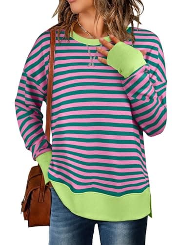 ANRABESS Sweatshirts for Women 2026 Fall Long Sleeve Shirts Oversized Crewneck Lightweight Side Split Casual Pullover Tops Pink Green Medium