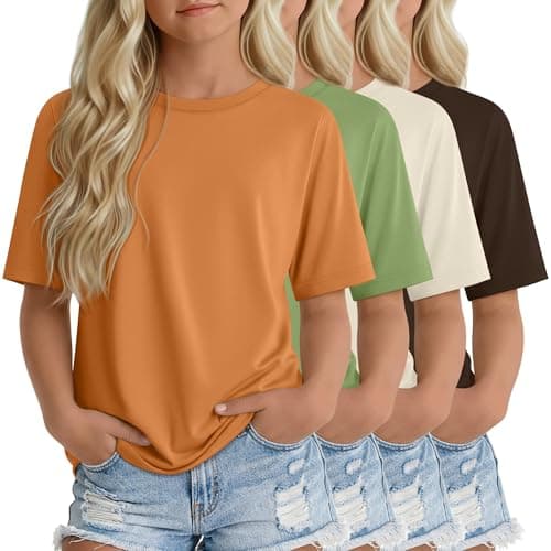 YooAurvox 4 Pack Girls Half Sleeve Shirts Tween Oversized Tops Teens Elbow Length Summer Casual Basic Tee for Kids Aged 5-14(Orange, Matcha Green, Cream, Brown,13-14 Years)