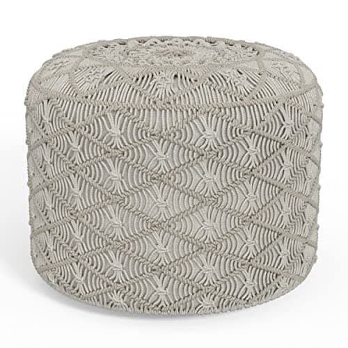 SIMPLIHOME Coates Contemporary Round Macrame Pouf in Cloud Grey Cotton for the Living Room, Bedroom and Kids Room