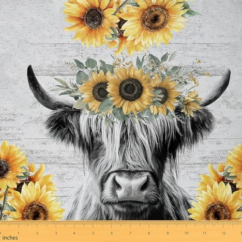 Feelyou Highland Cow Upholstery Fabric By The Yard,Sunflower Highland Cattle Reupholstery Fabric for Chairs, Western Animal Farmhouse Decorative Soft Flannel, 5 Yards,Grey Yellow