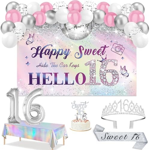 Sweet 16 Party Decorations, Silver Sweet 16 Sash and Tiara, 16th Birthday Banner, Iridescence Tablecloth, Sweert Sixteen Cake Topper, Candles, 16 Number Balloons and Latex Balloons Arch