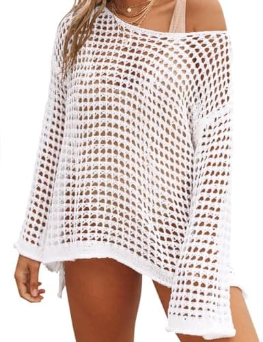LOMON Womens Beach Vacation Clothes 2026 Mesh Knit Cover Up Bathing Suit Crochet Coverups Bikini Beachwear(White,XL)