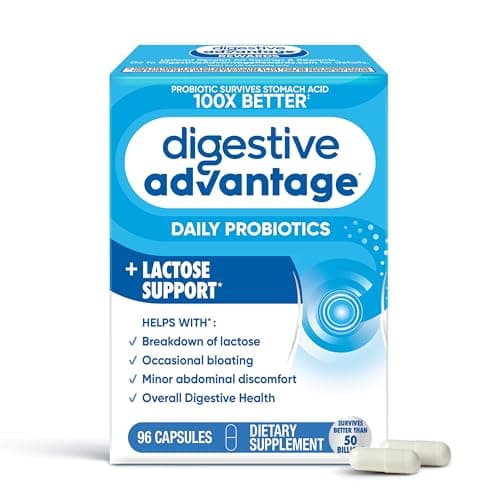 Digestive Advantage Probiotics + Lactase Digestive Enzymes For Digestive Health, Daily Probiotics For Women Men Occasional Bloating, Lactose Breakdown, Minor Abdominal Discomfort, Immune Support, 96ct