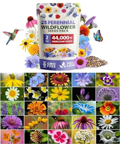 HOME GROWN USA Wildflower Seeds Bulk Mix | 44,000 Non-GMO Perennial Flower Seed for Full Sun & Shade | 19 Varieties for Butterfly & Pollinator Garden | 2 oz