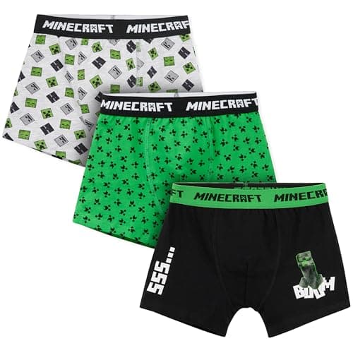Get Trend Minecraft Boys’ Underwear, Soft Cotton Boxer Briefs, Breathable Elastic Waist Creeper Underpants, 3 Pack, Ages 7–14 (Multi, 11-12 Years)
