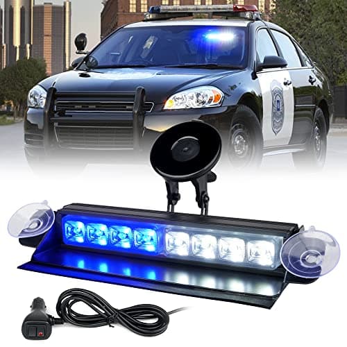 Xprite 8 inch White Blue Emergency Strobe Dash Lights, Interior Windshield Flashing Light w/Suction Cups for Construction Towing Snow Plow Pickup Work Trucks Cars (Aluminum Housing)