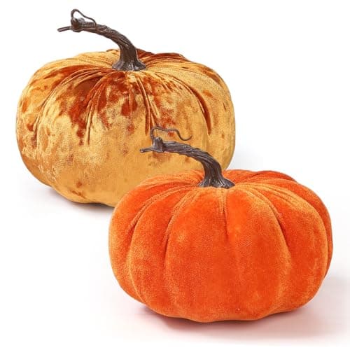 Coferset 2pcs Large Velvet Pumpkins Decor Set,Artificial Fall Pumpkin Decor for Halloween Thanksgiving Harvest Table Centerpieces(Orange&Gold)