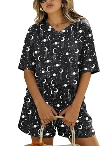 Marvmys Pajama Set for Women 2 Piece Oversized Lounge Set Short Sleeve Tops and Shorts Set with Pockets Starry Sky M