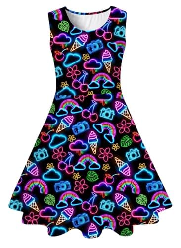 Funnycokid Neon Dress Girls Size 6 5 Kids Summer Sleeveless Sundress Birthday Party Clothes Twirly Outfit 5-6 Years Beach Black