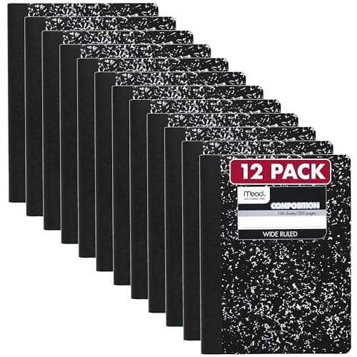 Mead Composition Notebook, Wide Ruled Paper, 7.5" x 9.75", 100 Sheets, Black Marble, 12 Pack (72936)