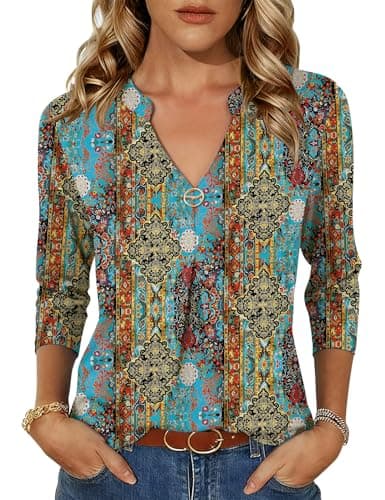 LOMON Tops for Women Trendy 3/4 Sleeve Cute Dressy Plus Size Spring Blouses 2025 Bohemia Casual V-Neck Work Loose Fit Tees (Boho Paisley,3X-Large)