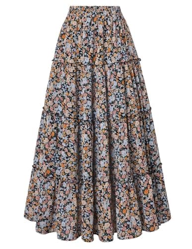 Scarlet Darkness Floral Maxi Long Skirts for Women Summer 2026 Tiered Skirt Flowy Boho Fairy Skirt with Pockets Black Multi Floral XL