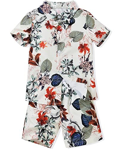 fioukiay Toddler Baby Boy Summer Outfits Little Kids Hawaiian Clothes Short Sets Floral Top Bowtie Shirt (Apricot off white Floral, 18-24 Months)