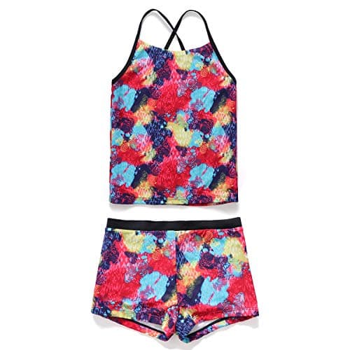 PHIBEE Girls' Tankini Summer Rash Guard Bathing Suits Two Piece Cross Straps Swimsuit with Shorts 2-14 Years Print1 12