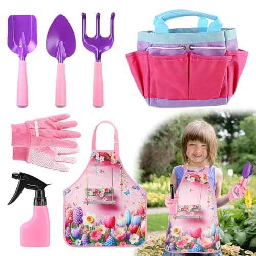 Kids Gardening Tool Set - Garden Tools for Kids with Shovel Trowel Rake Apron Gloves Watering Can and Tote Bag, Outdoor Toys Great Gifts for 3 4 5 6 7 8+ Years Old Girls (Flower Style)