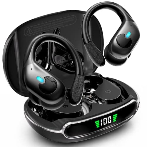 Active Noise Cancelling Ear Buds Wireless Earbuds 90H Playtime Bluetooth Headphones Stereo Bass Over-Ear Hooks Earphones with Power Display Case IPX7 Waterproof Headset for Workout/Running, Black