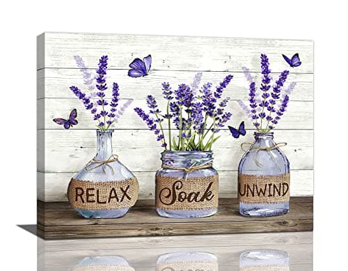 Tijuboni Farmhouse Bathroom Decor Wall Art Rustic Lavender Flower Pictures Canvas Prints Country Relax Soak Unwind Bathroom Sign Purple Butterfly Artwork Modern Home Decor Ready to Hang 12"x16"