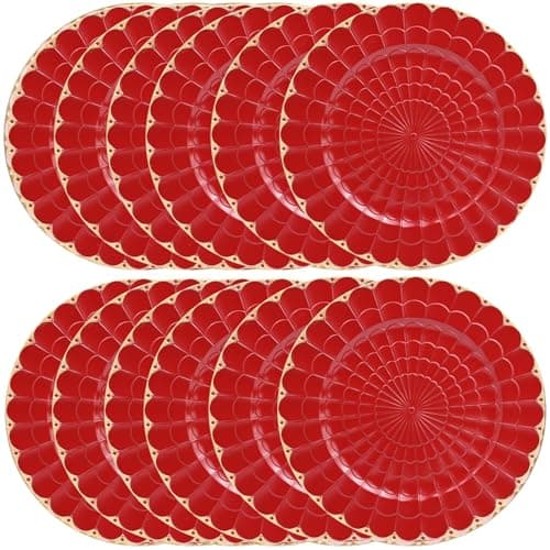 Omuriko Red Chargers Plates Set of 12, Plastic Decorative Charge Plates for Dinner, Table Setting, Holiday, Thanksgivng, Christmas