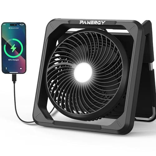 PANERGY Solar Powered Fan, Rechargeable Battery Fan with Detachable Solar Panel, 3 Speeds Portable Camping Fan with Light & Timer, 90°Tilt Desk Fan Strong Airflow for Garage RV Travel Hurricane Outage