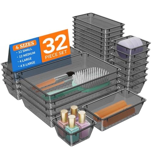 StorMiracle 32 PCS Clear Plastic Drawer Organizer Set, 4-Size vanity organizer Trays and Storage Bins for Makeup, Jewelry and Gadgets in Bedroom, Bathroom and Office, Clear Black