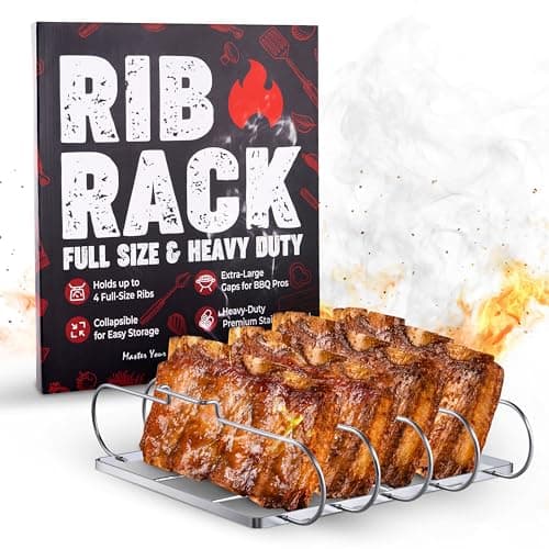 SHIZZO Rib Rack for Smoking & Grilling, Holds up to 4 Full Racks of Ribs, Foldable Design, Fits Large Gas Smoker or Charcoal Grill, Perfect BBQ Accessory, Smoker Accessories, Gifts for Men, Father