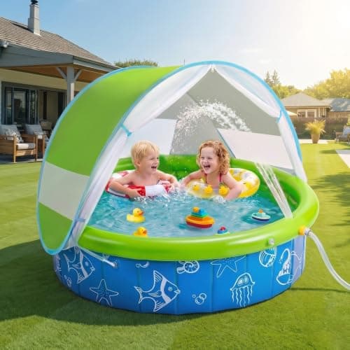 Foldable Kiddie Pool with Canopy, 47" Non-Inflatable Baby Pool, UPF 50+ Sun Shade & Mosquito Net, Built-in Sprinkler Water Play Pool for Toddlers, Portable Backyard Outdoor Indoor Summer Water Fun