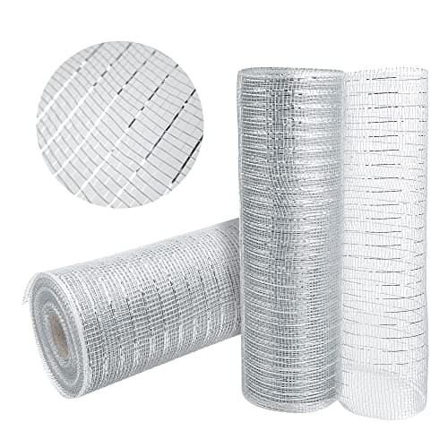 GouZaak 2 Rolls Gray Silver Deco Mesh Ribbon 10 in x 30 ft,Metallic Poly Mesh Ribbon Rolls for DIY Wreath Supplies Ribbon for Christmas Tree Christmas Wreath Decoration