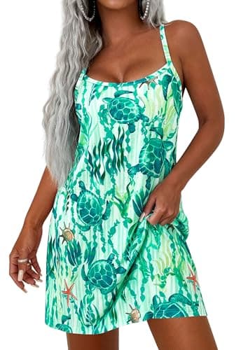 PRETTYGARDEN Women's Summer Dresses 2026 Casual Print Spaghetti Strap Sleeveless Sundress Beach Vacation Cover Ups (Green,Large)