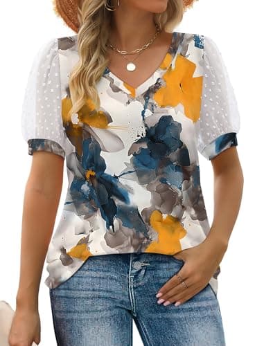 Aokosor Short Sleeve Shirts for Women V Neck Work Blouses Soft Basic Tops Tie Dye Floral S
