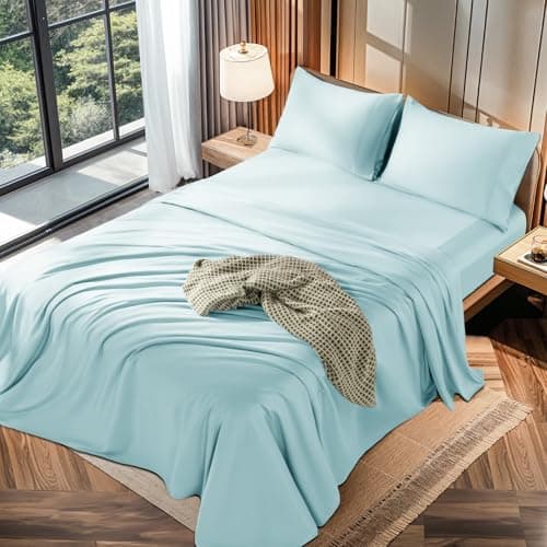 LBRO2M 100% Cotton 1200 Thread Count Full Size Sheets Set,16 inches Deep Pocket,Bed Sheet 4 Piece Sets (Full, Light Blue)