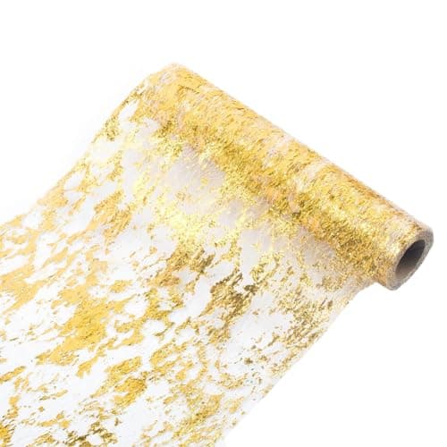 Gold Table Runner, Sequin Glitter Foil Metallic Gold Thin Mesh Table Runner Roll 11 inch x 49 Feet, Gold Table Decorations for Event Party, Wedding, Birthday Party , Christmas