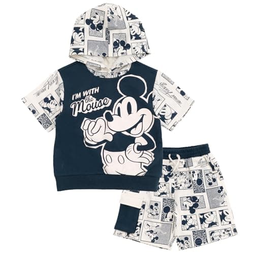 Disney Mickey Mouse Toddler Boys French Terry Pullover Hoodie and Shorts Charcoal Blue/Almond 3T