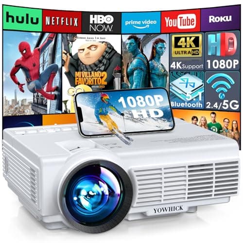 Projector with WiFi and Bluetooth, Portable Mini Projector by YOWHICK with 5G WiFi, Native 1080P 9500L and 4K Support for HDMI, VGA, USB, Laptop, Indoor & Outdoor Use