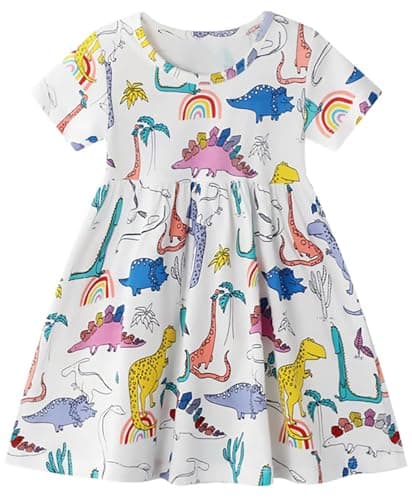 Hongshilian Toddler Girls Cotton Casual Dress Cartoon Print Short Sleeve Dress Girls Summer Sundress 2-7 Years(2T,Dinosaur & White)