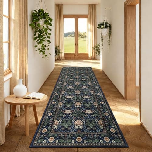 GarveeHome Washable Runner Rug 2x6, Non Slip Floral Kitchen Runner for Hallway Entryway Forest Green Laundry Bathroom Mat Farmhouse Thin Stain Resistant Carpet for Bedroom Beside Rug