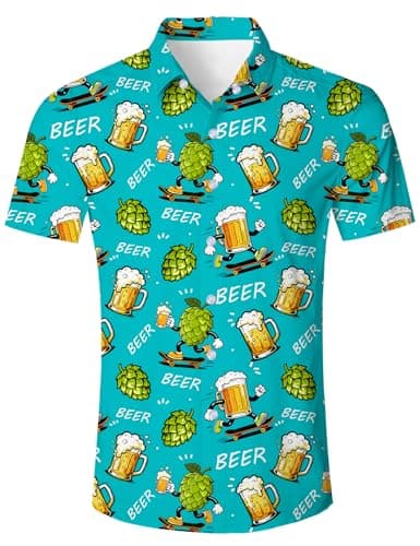 uideazone Tropical Beer Themed Hawaiian Shirt for Men Short Sleeve Button Down Shirt for mmer Beachwear Essential L