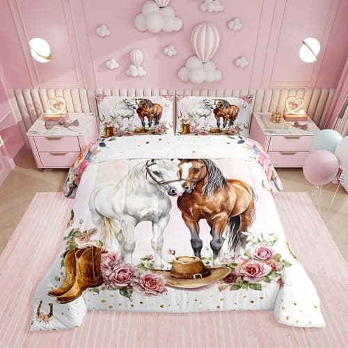 Erosebridal Western Horse King Comforter Set,Cowgirl Boot Hat Bedding Sets for Girls Kids Women,Wild West Horseshoe Quilt Bed Set,Rustic Country Floral Bedroom Decor,2 Pillowcases Lightweight
